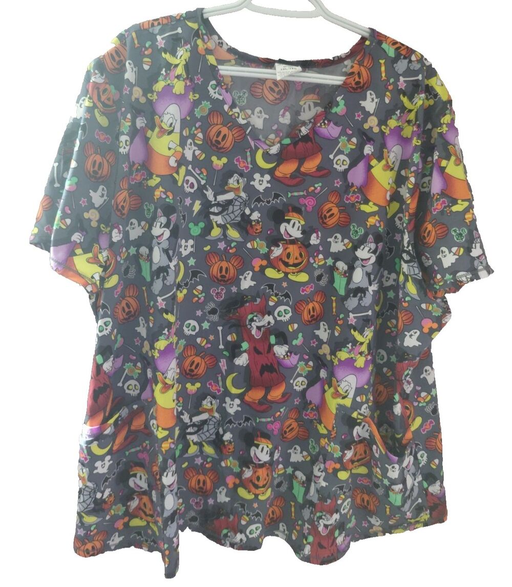 Disney Scrub Top Womens 3XL Mickey Mouse Minnie Mouse Goofy Etc Halloween